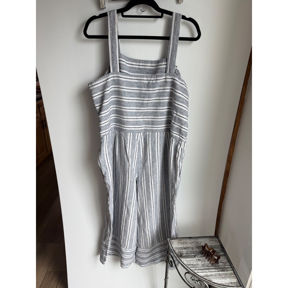 Beach Lunch Lounge Blue stripe Linen Cotton blend Romper Sz XL Coastal Nautical - Picture 4 of 13